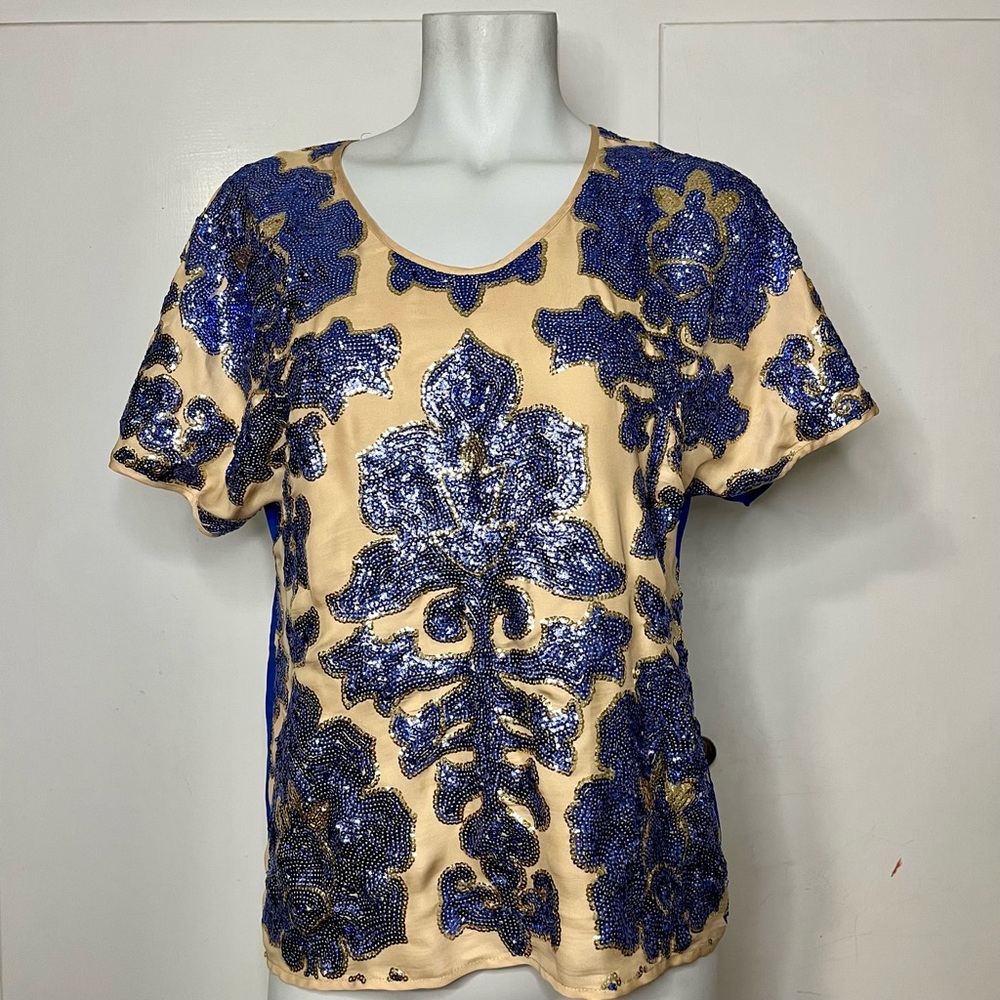 Tracy Reese Target Neiman Marcus Blue Nude Gold Sequins Blouse NWOT